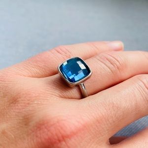 Blue Faceted Chalcedony Cushion Cut Statement Ring